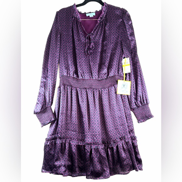 CECE DUPRAZ Ruffle Tie Neck Long Sleeve Dress - Meadow Green Size M - Picture 4 of 9